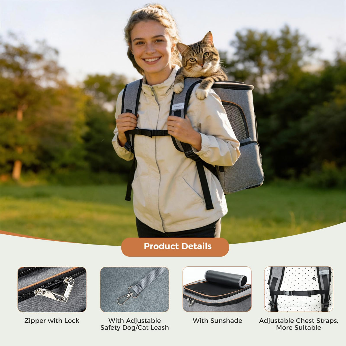 Expandable Foldable Pet Carrier Backpack with Inner Safety Leash, Grey J2058