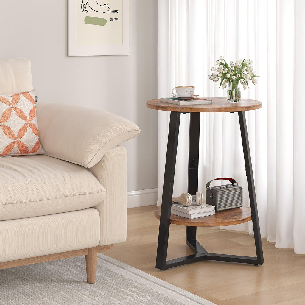 Small Round End Table Set of 2, 2 Tier Side Table with Storage Shelf, Rustic Brown T495853