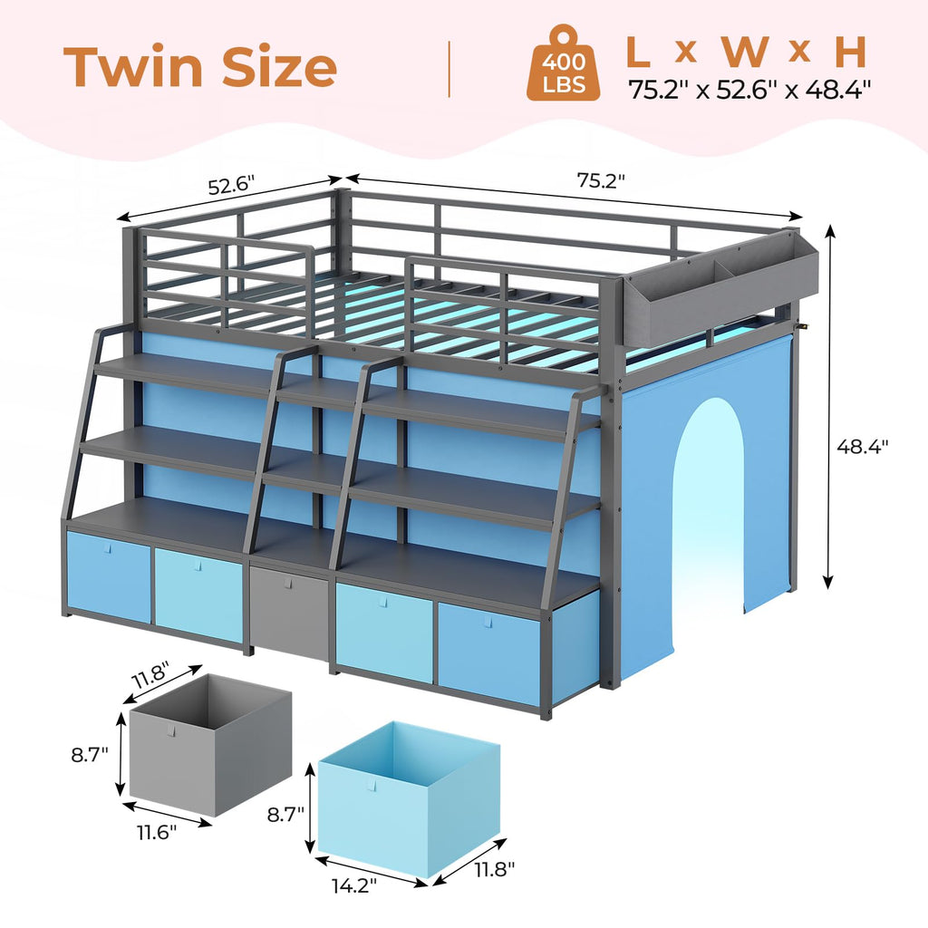 Twin Size Grey Low Loft Bed with 5 Drawers J754