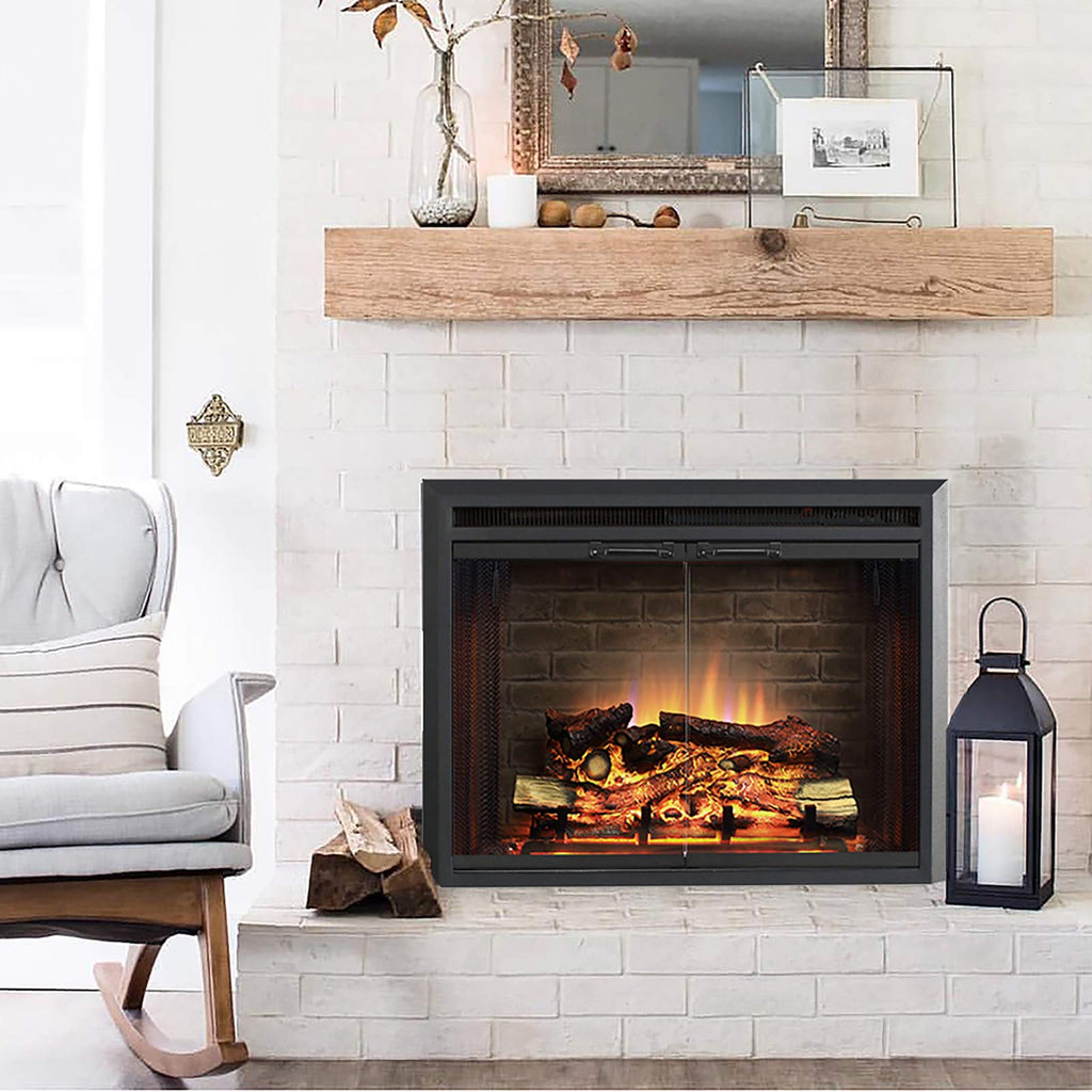 Black Electric Fireplace Insert with Glass Door and Mesh Screen, 750/1500W Z717148