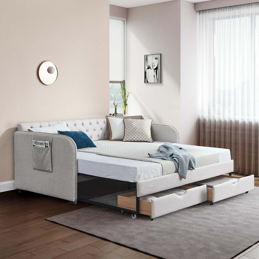80.5" Button Tufted Linen Daybed with Drawer and Trundle A12614