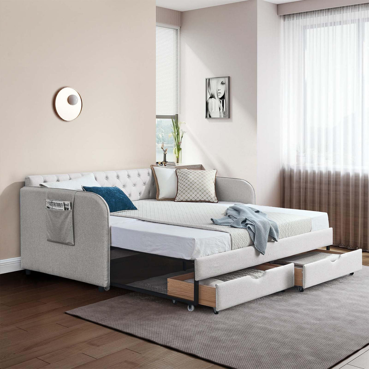 80.5" Button Tufted Linen Daybed with Drawer and Trundle A12614