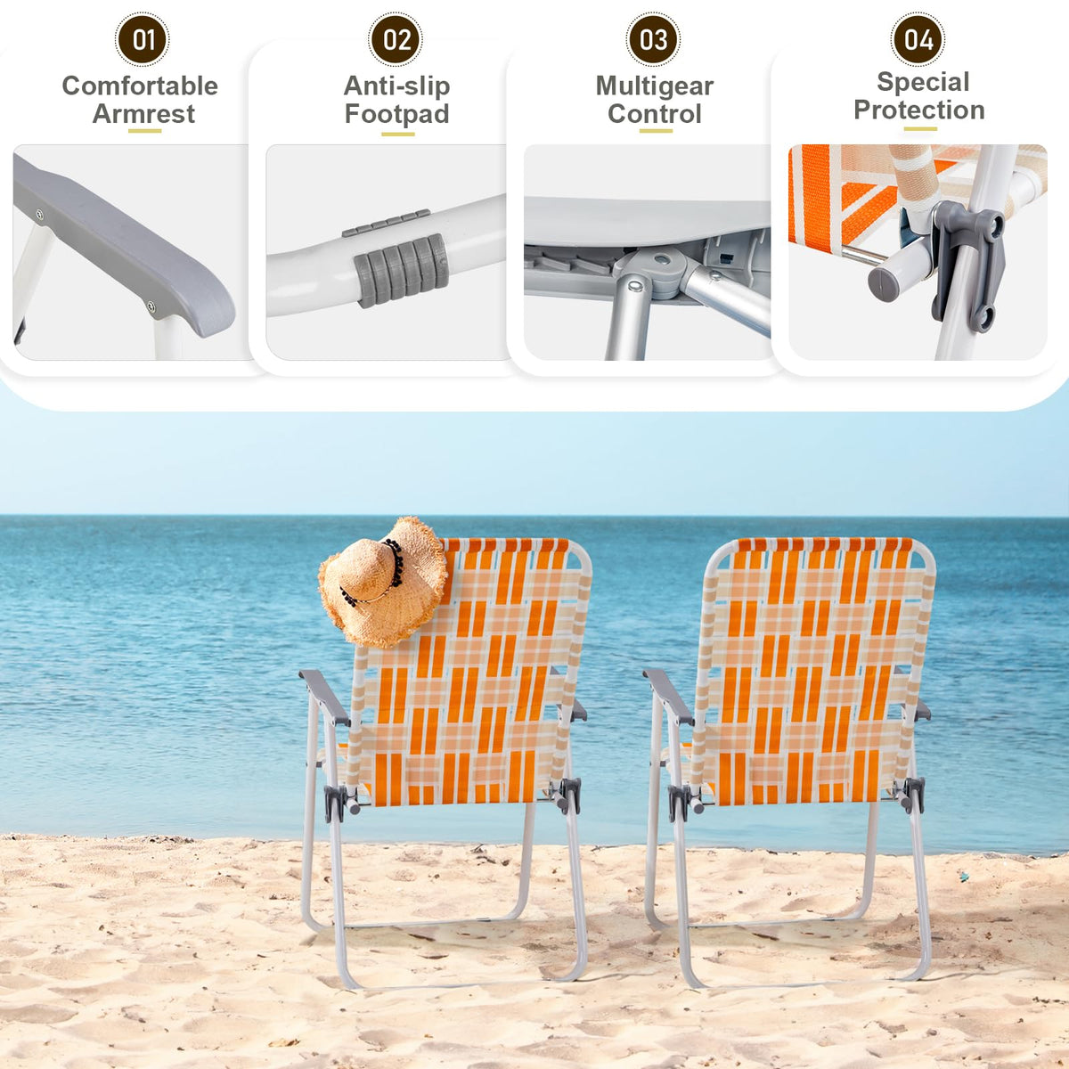 Orange & White Set of 2 Webbed Folding Beach Chairs P712429