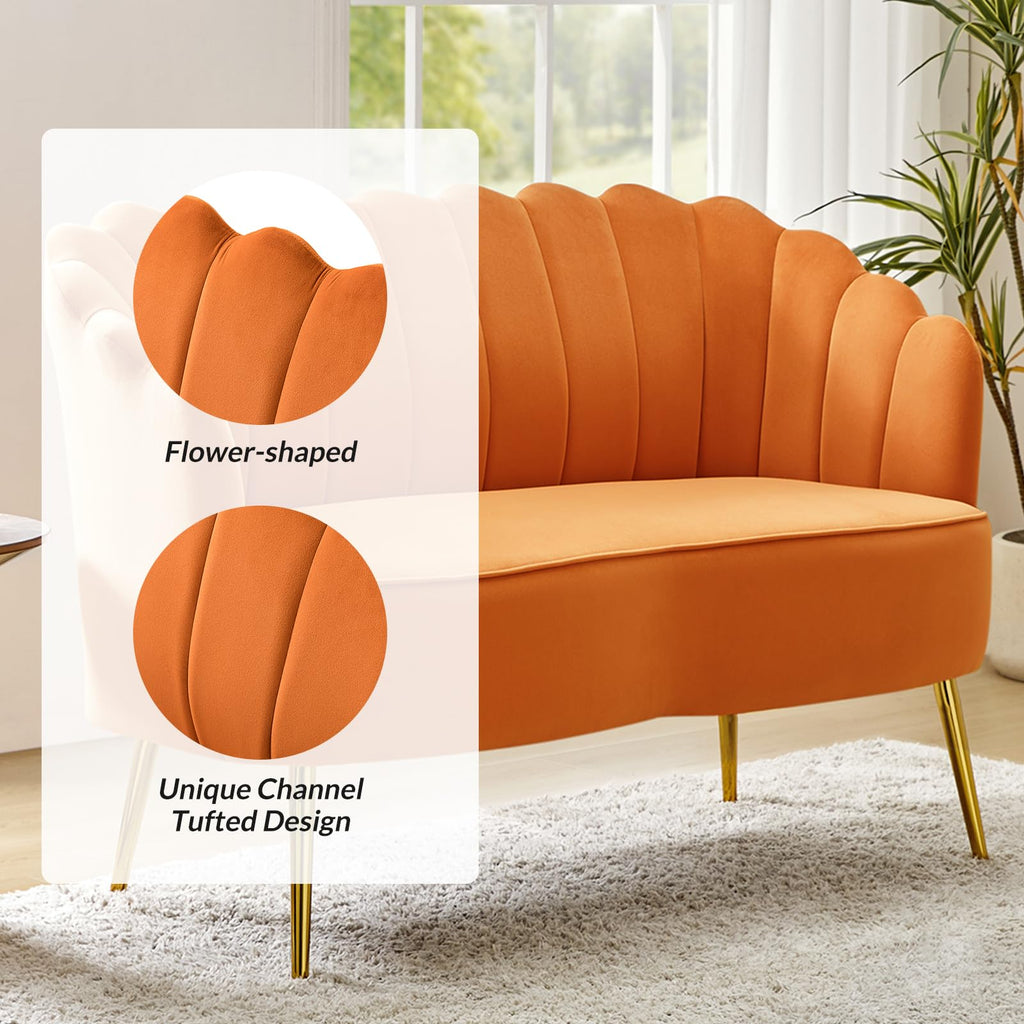 Orange Velvet 2-Seater Loveseat Sofa with Gold Metal Legs X303