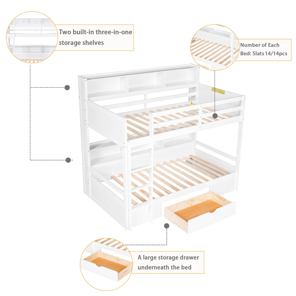 Twin Over Twin Wooden Bunk Bed with Shelves and Storage Drawer V1206