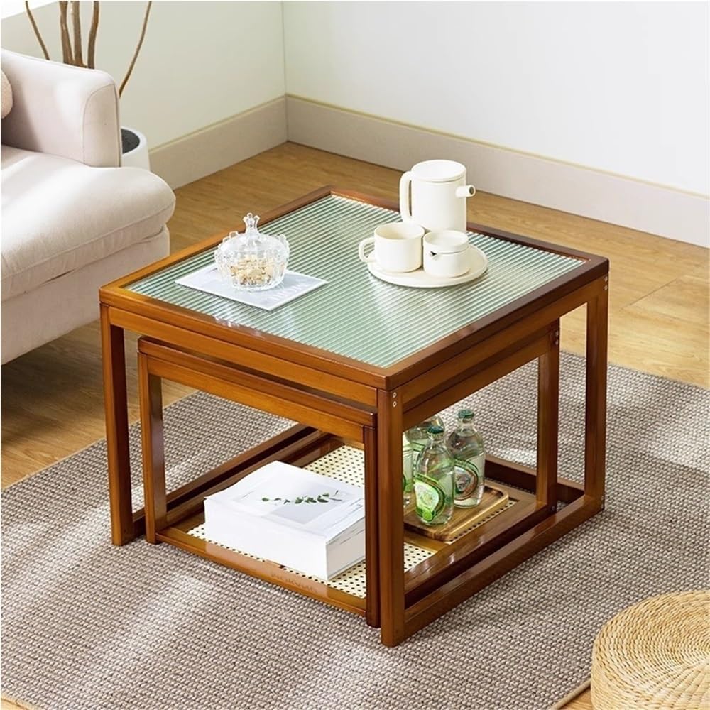 Set of 2 Square Glass Top Rattan Storage Coffee Table G447457