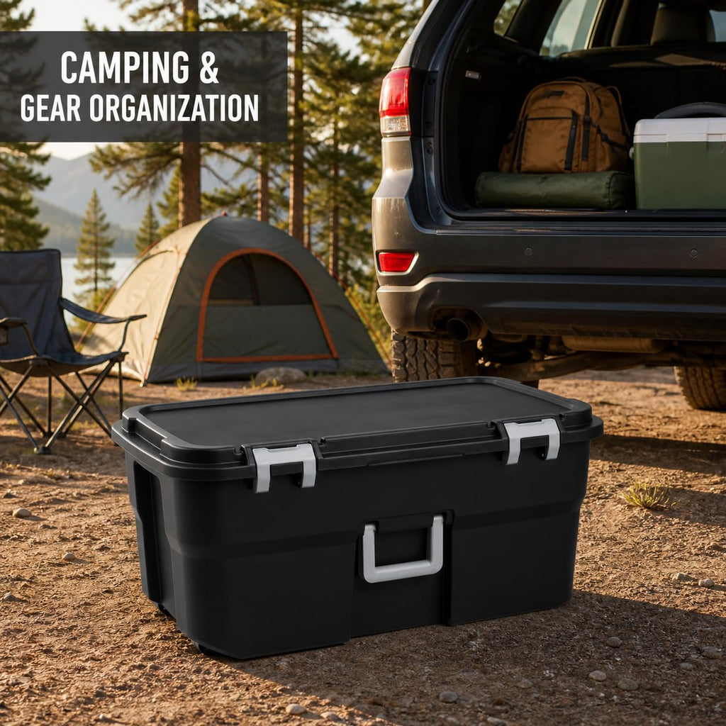 Rolling Storage Trunk with Wheels and Handle, 22 Gallon Black Bin E54989