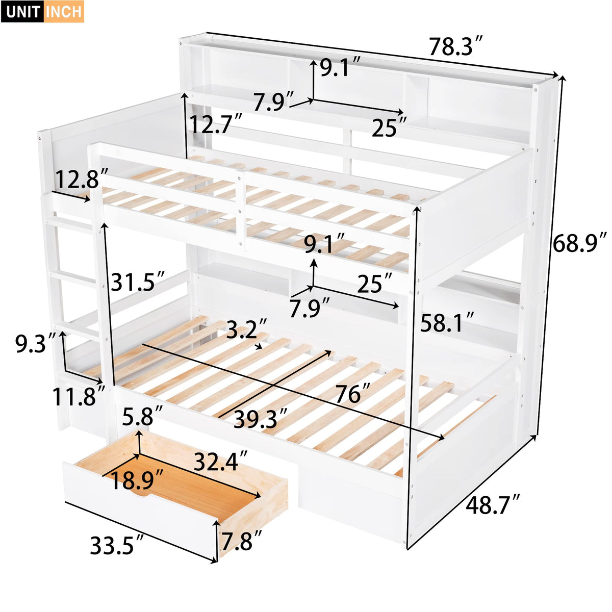 Twin Over Twin Wooden Bunk Bed with Shelves and Storage Drawer V1206