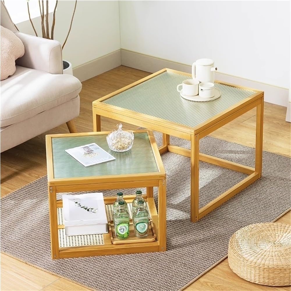 Set of 2 Square Glass Top Rattan Storage Coffee Table G447457