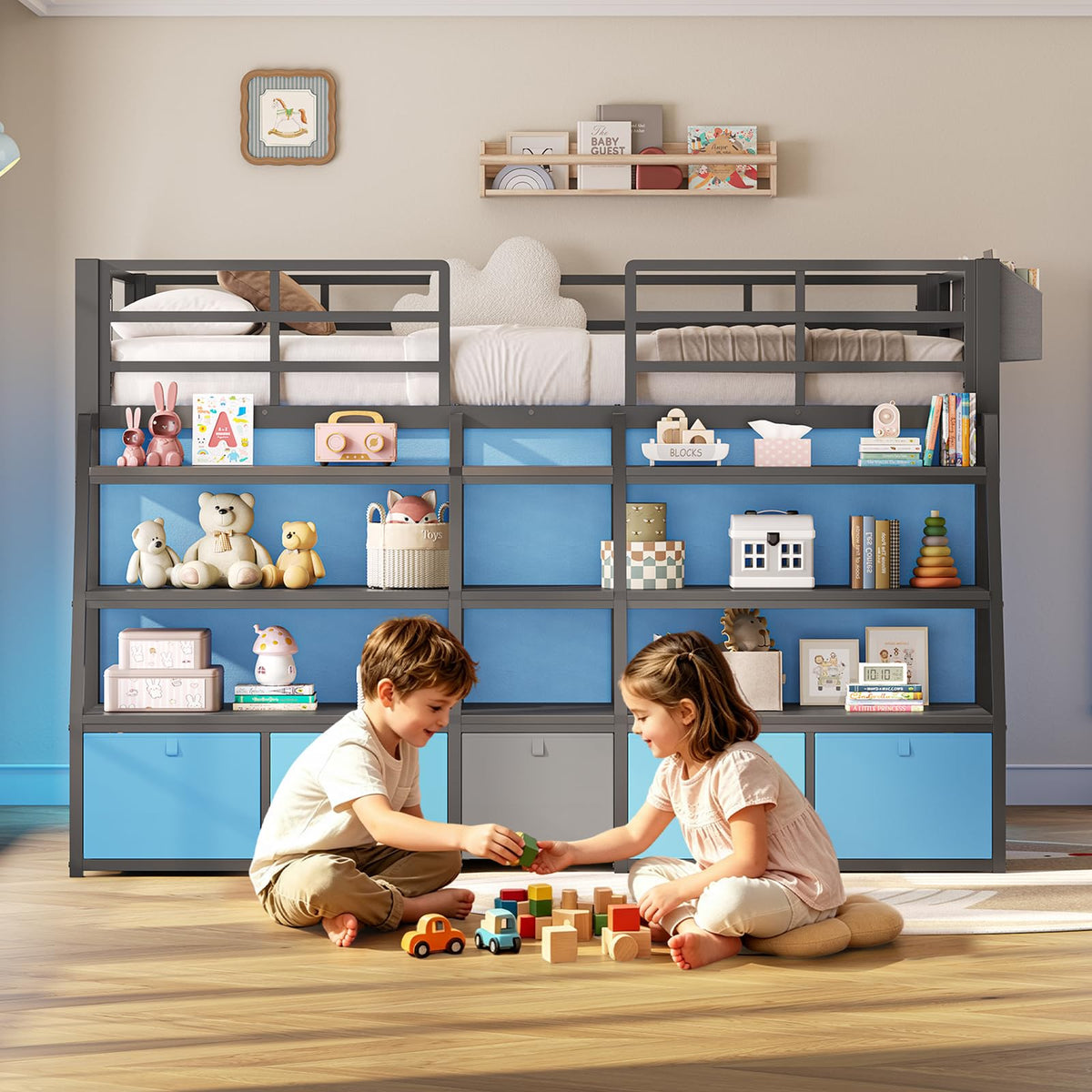 Twin Size Grey Low Loft Bed with 5 Drawers J754
