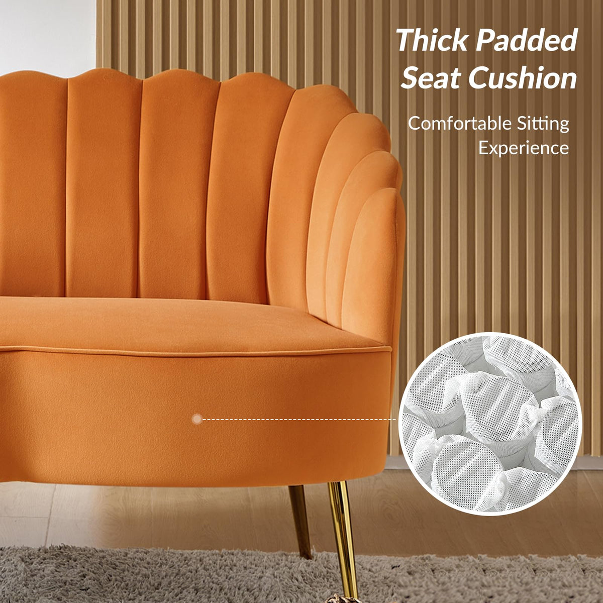 Orange Velvet 2-Seater Loveseat Sofa with Gold Metal Legs X303