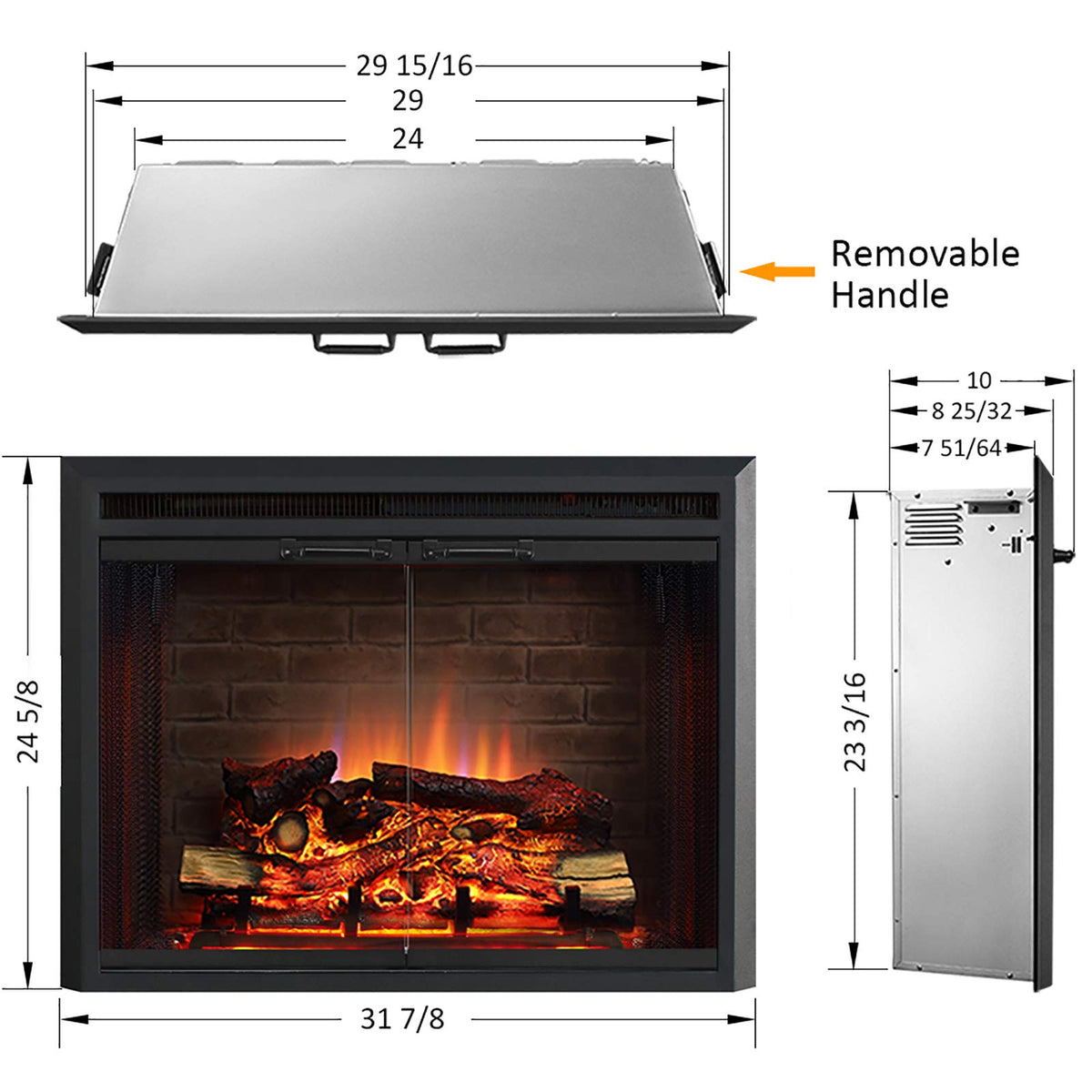 Black Electric Fireplace Insert with Glass Door and Mesh Screen, 750/1500W Z717148