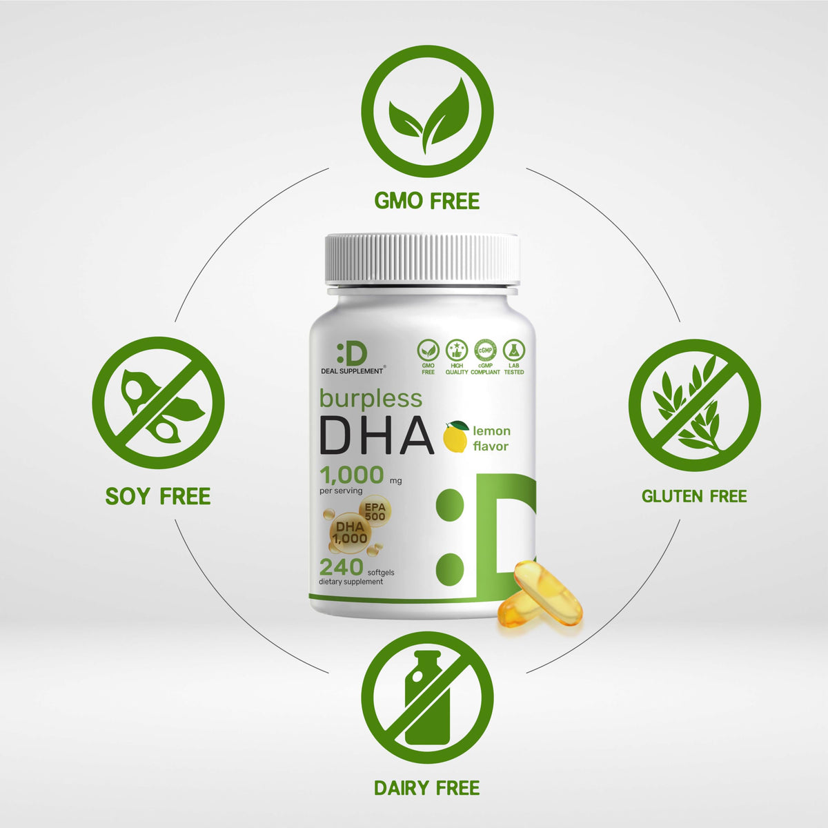 240 Softgels Lemon Flavor DHA 1000mg EPA 500mg Omega-3 Softgels T5280