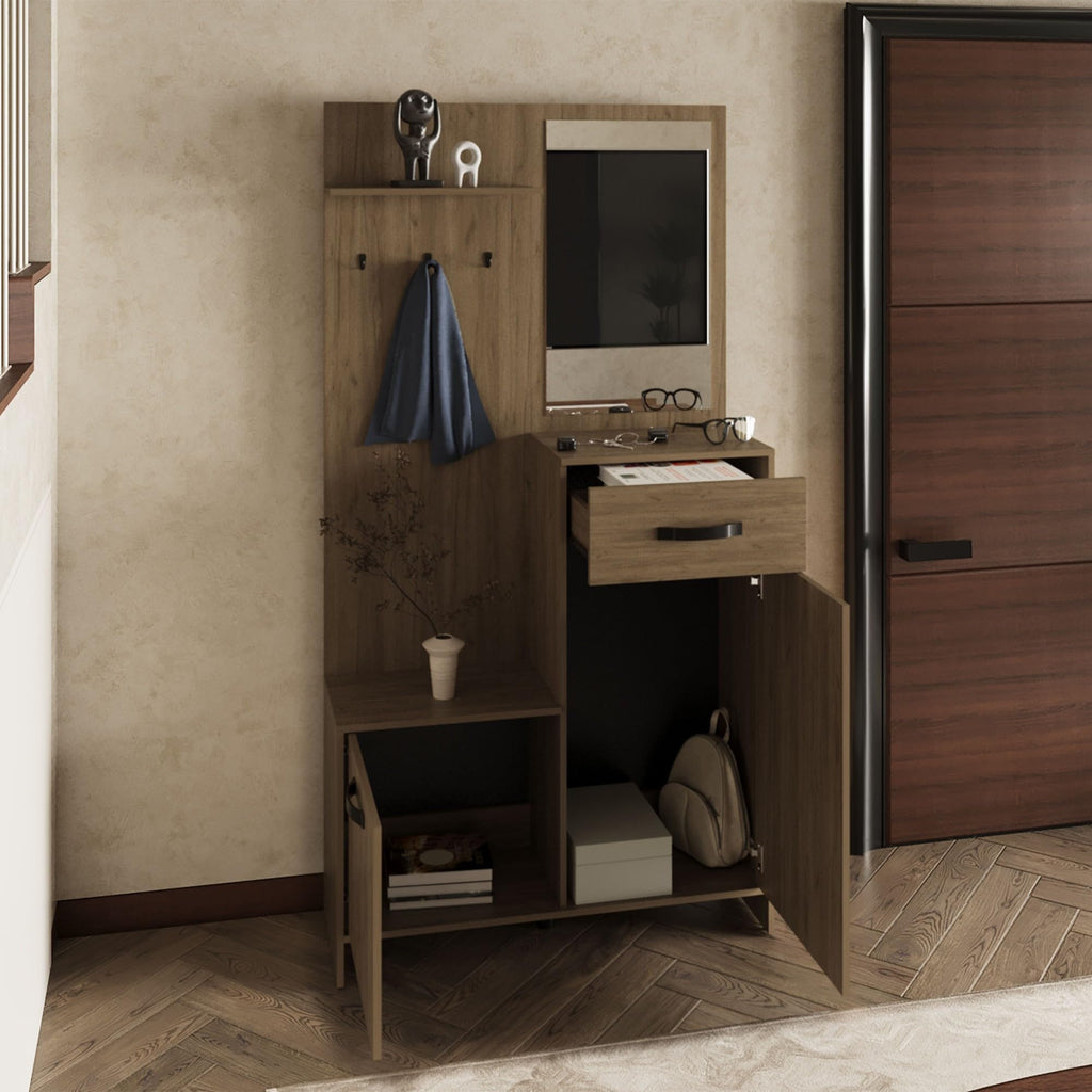 75" Tall Mirrored Console Table with Three Shelves, Two Cabinets, One Drawer R4856