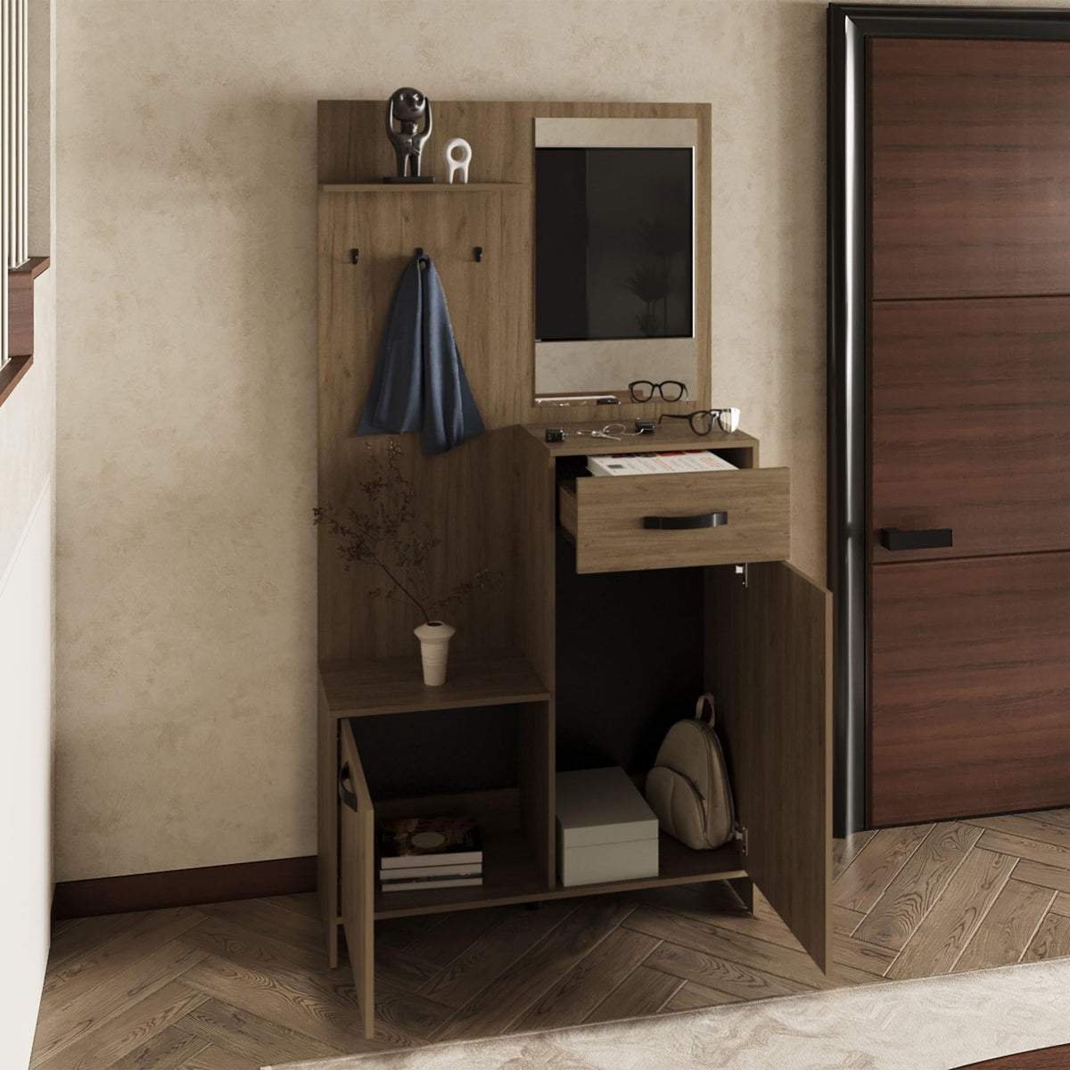 75" Tall Mirrored Console Table with Three Shelves, Two Cabinets, One Drawer R4856