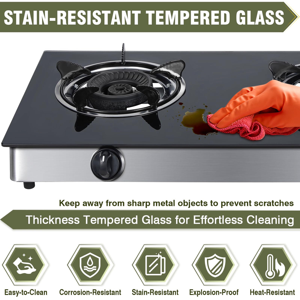 2-Burner Propane Gas Cooktop Portable Tempered Glass Stove J601565