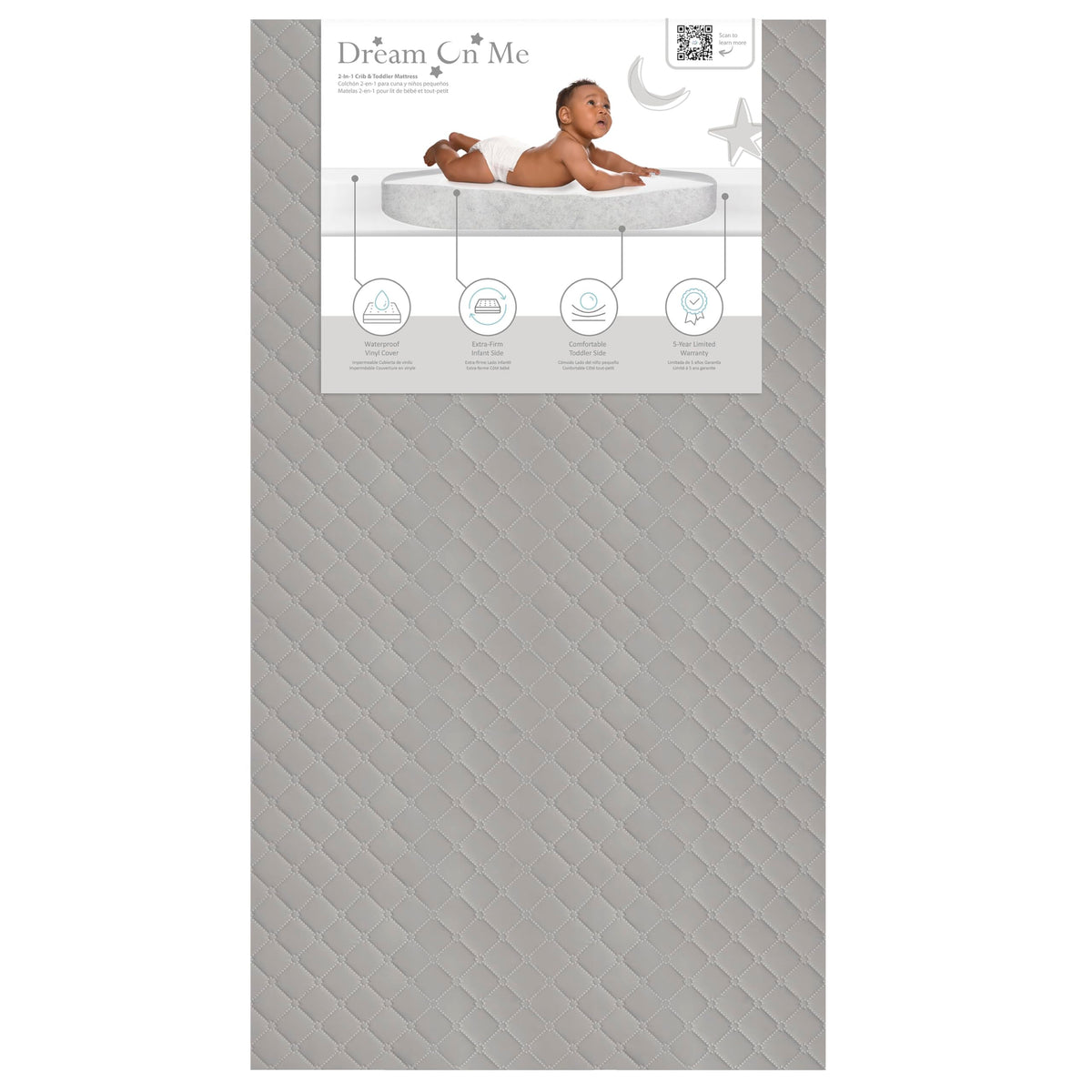 4” Firm Fiber Crib & Toddler Bed Mattress, Dual-Sided, Waterproof, Grey Embossed Vinyl Cover A9448