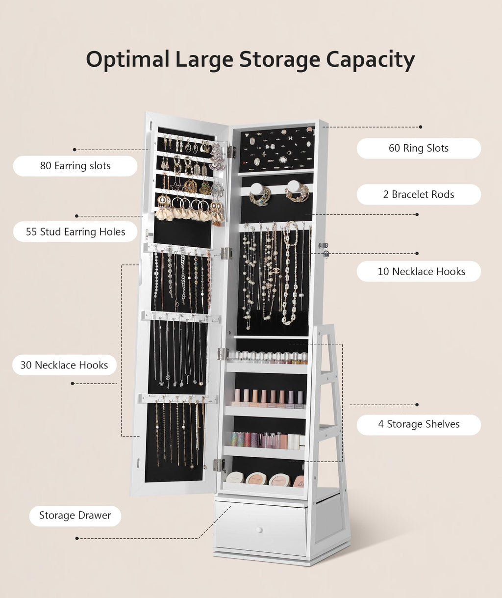 360° Swivel Lockable Jewelry Cabinet with Full Length Mirror J299752