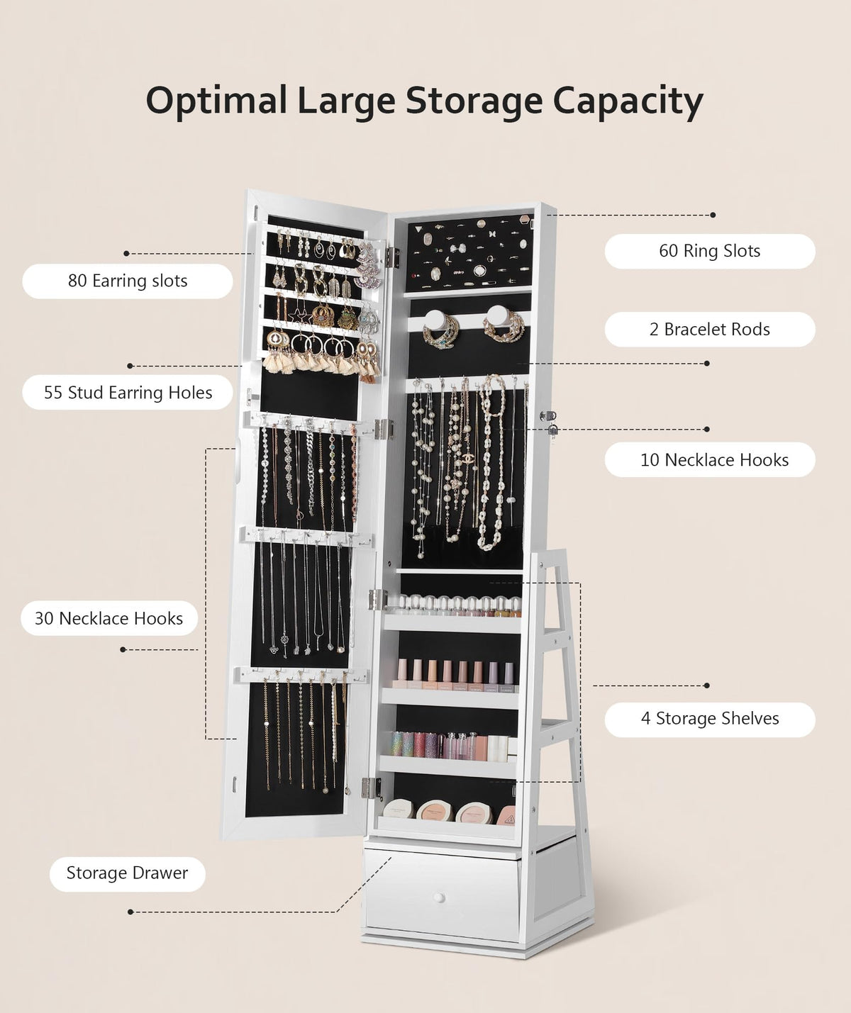 360° Swivel Lockable Jewelry Cabinet with Full Length Mirror J299752