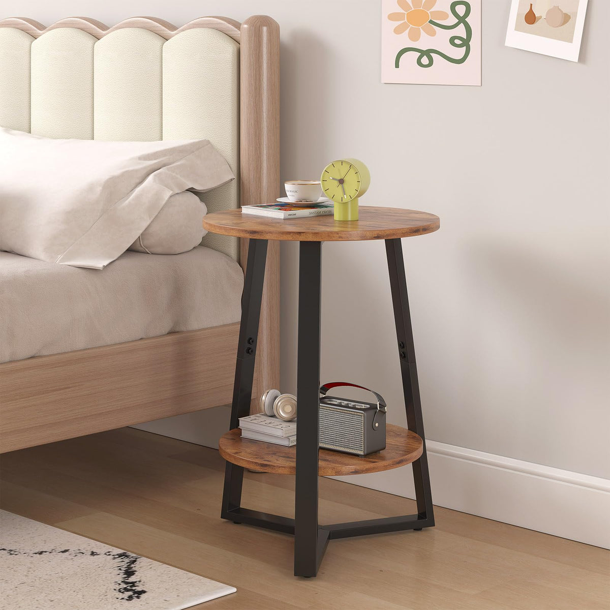 Small Round End Table Set of 2, 2 Tier Side Table with Storage Shelf, Rustic Brown T495853