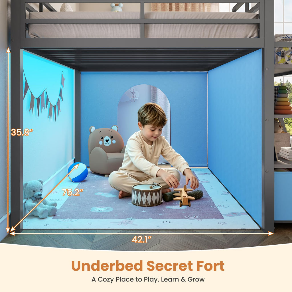 Twin Size Grey Low Loft Bed with 5 Drawers J754