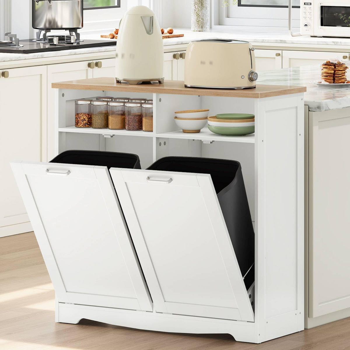 White Double Tilt Out Trash Can Cabinet Q43598