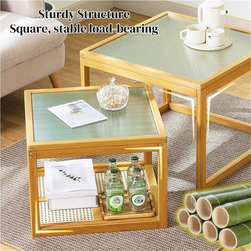Set of 2 Square Glass Top Rattan Storage Coffee Table G447457