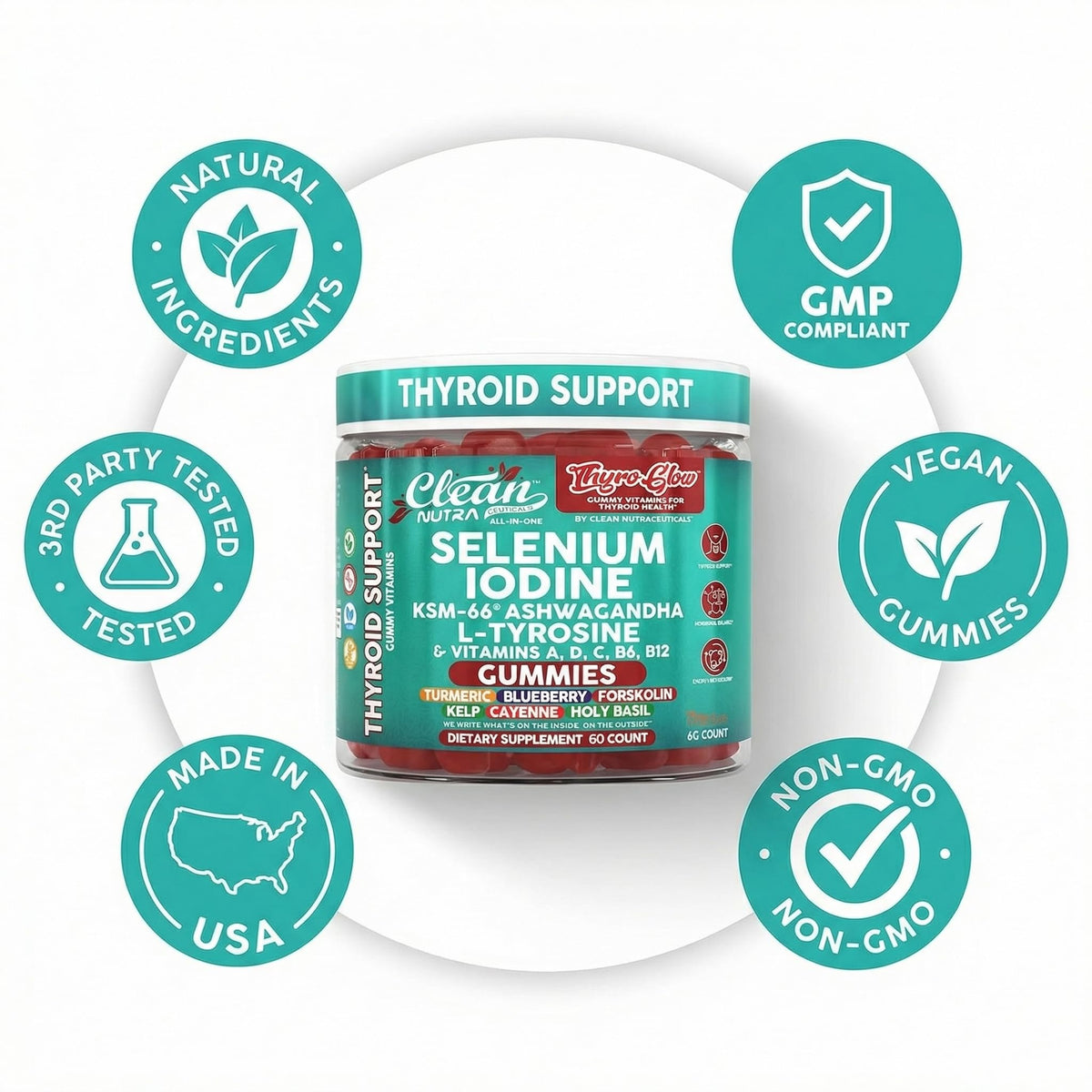 Thyroid Support Gummies Selenium Iodine Ashwagandha Turmeric Blueberry U3985