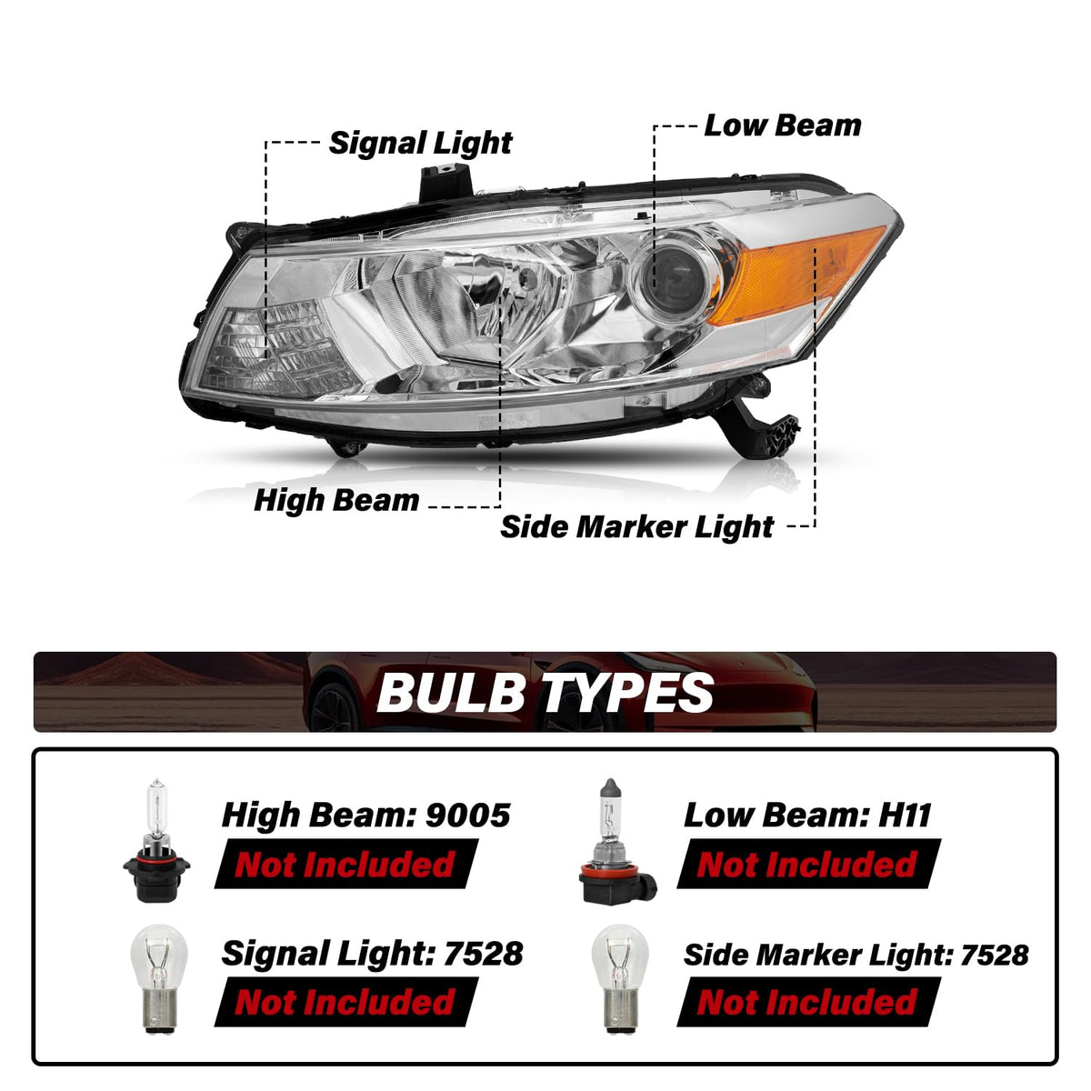 Headlight Assembly Replacement Chrome Housing with Amber Reflector K27153