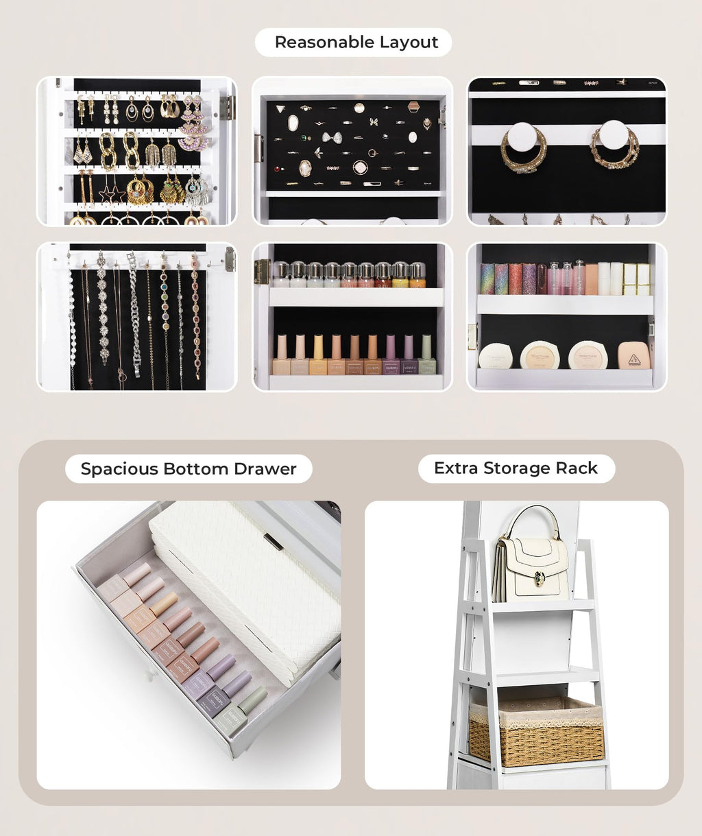 360° Swivel Lockable Jewelry Cabinet with Full Length Mirror J299752