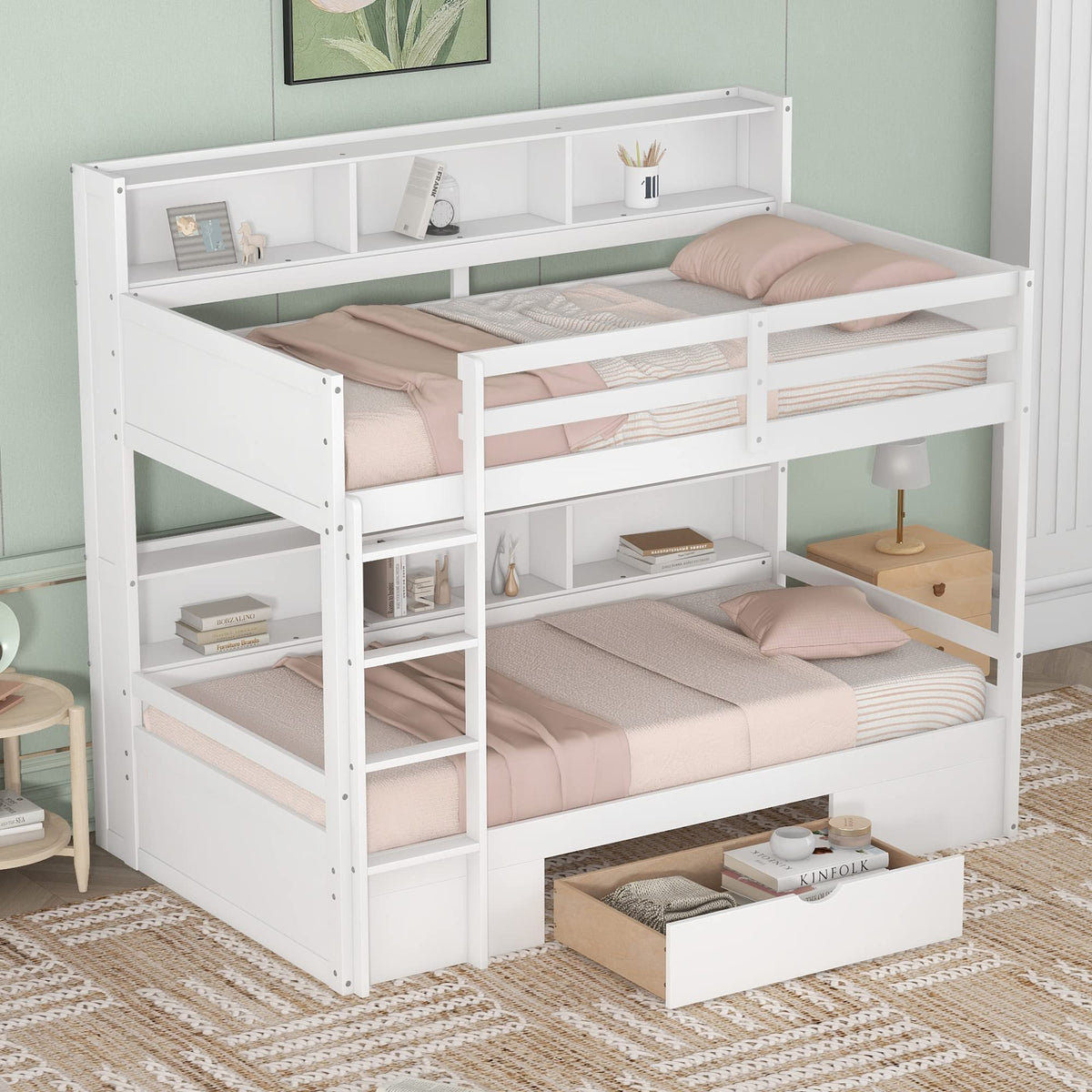 Twin Over Twin Wooden Bunk Bed with Shelves and Storage Drawer V1206