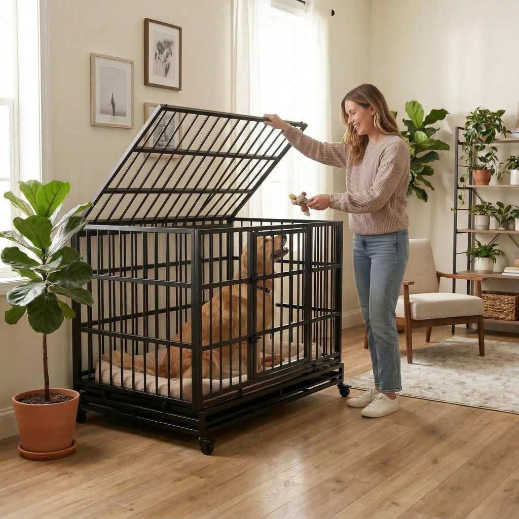 48 Inch Heavy Duty Collapsible Metal Dog Crate with Wheels X783