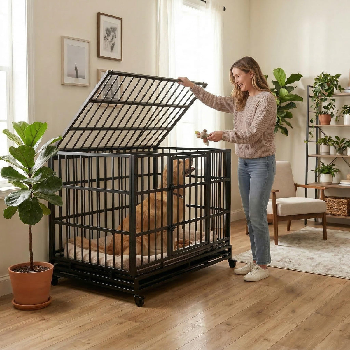 48 Inch Heavy Duty Collapsible Metal Dog Crate with Wheels X783
