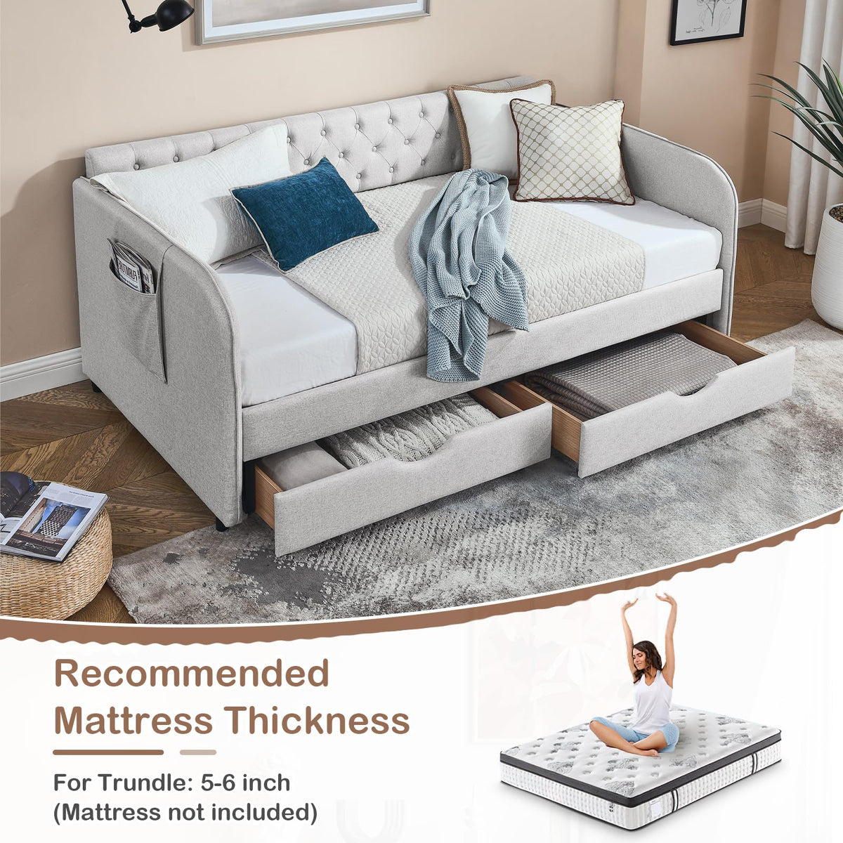 80.5" Button Tufted Linen Daybed with Drawer and Trundle A12614