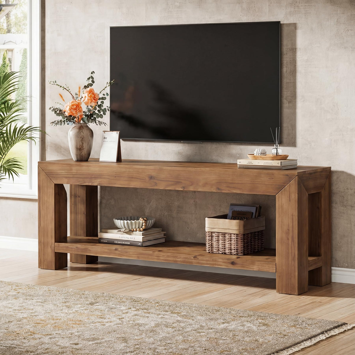 Solid Wood 63" TV Stand with Open Storage Shelves D297126