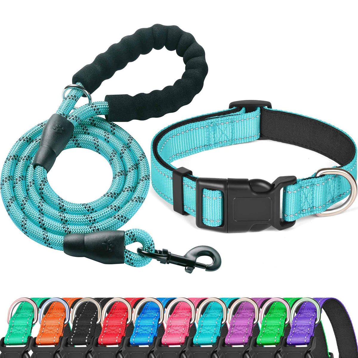 Reflective Padded Dog Collar with Neoprene, Medium, Turquoise J151