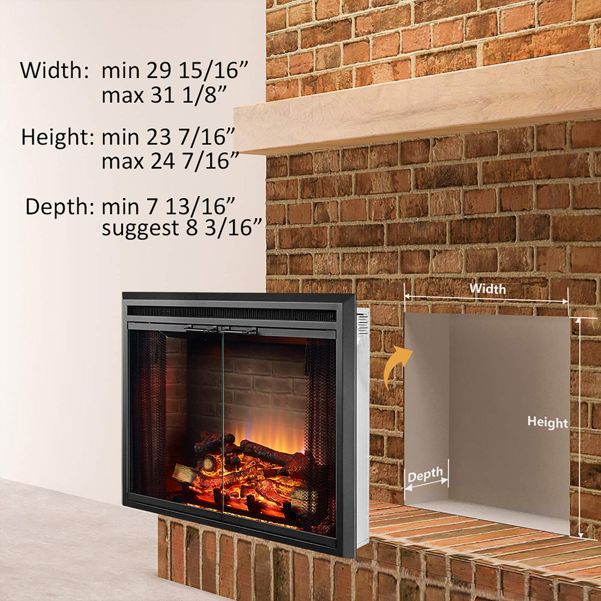 Black Electric Fireplace Insert with Glass Door and Mesh Screen, 750/1500W Z717148