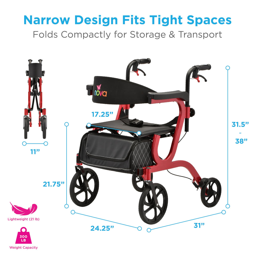 2-in-1 Folding Rollator Walker & Transport Chair with 10” Front Wheels F8921