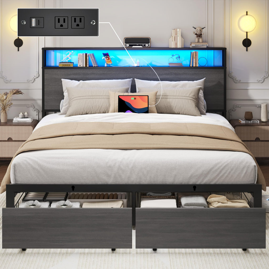 Rustic Grey Full Bed Frame with Charging Station E86919