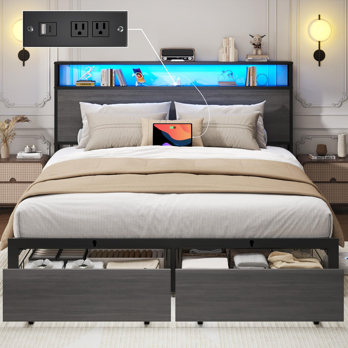 Rustic Grey Full Bed Frame with Charging Station E86919