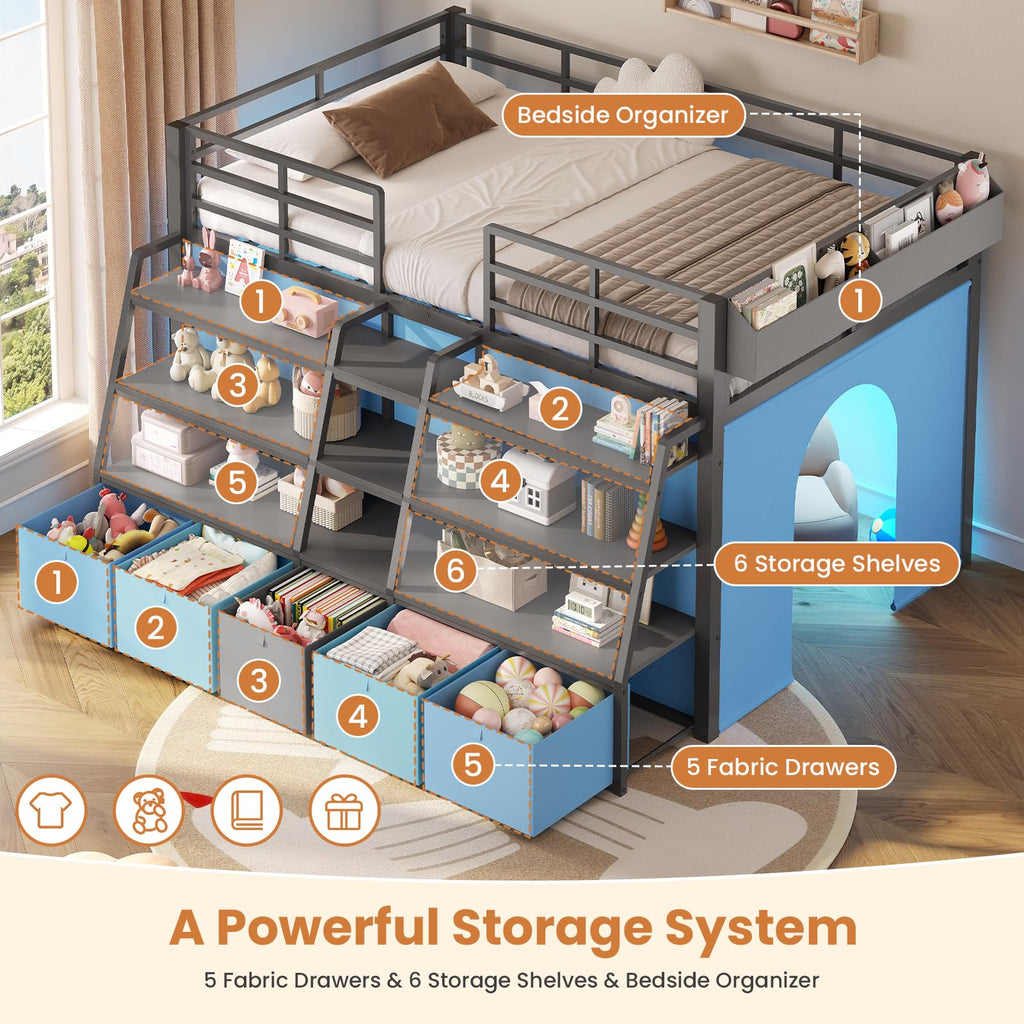 Twin Size Grey Low Loft Bed with 5 Drawers J754