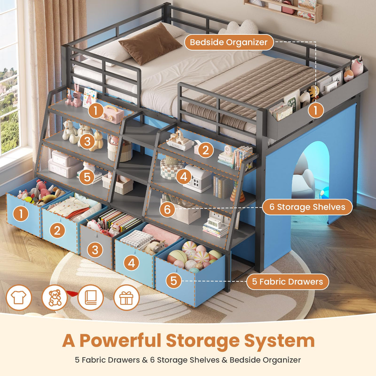 Twin Size Grey Low Loft Bed with 5 Drawers J754