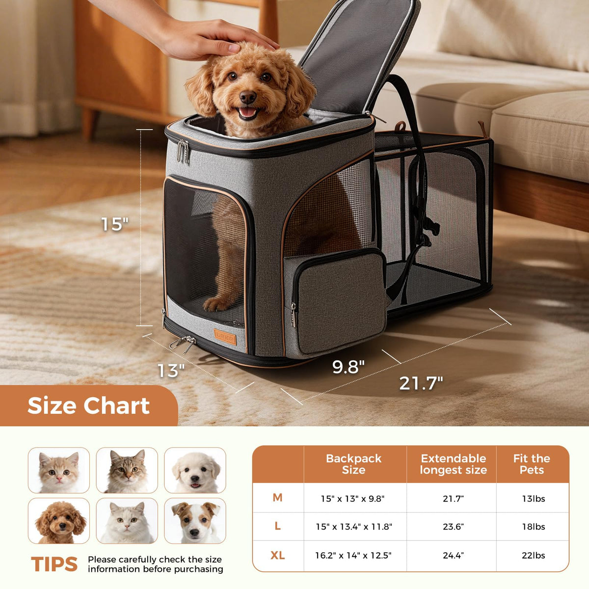 Expandable Foldable Pet Carrier Backpack with Inner Safety Leash, Grey J2058