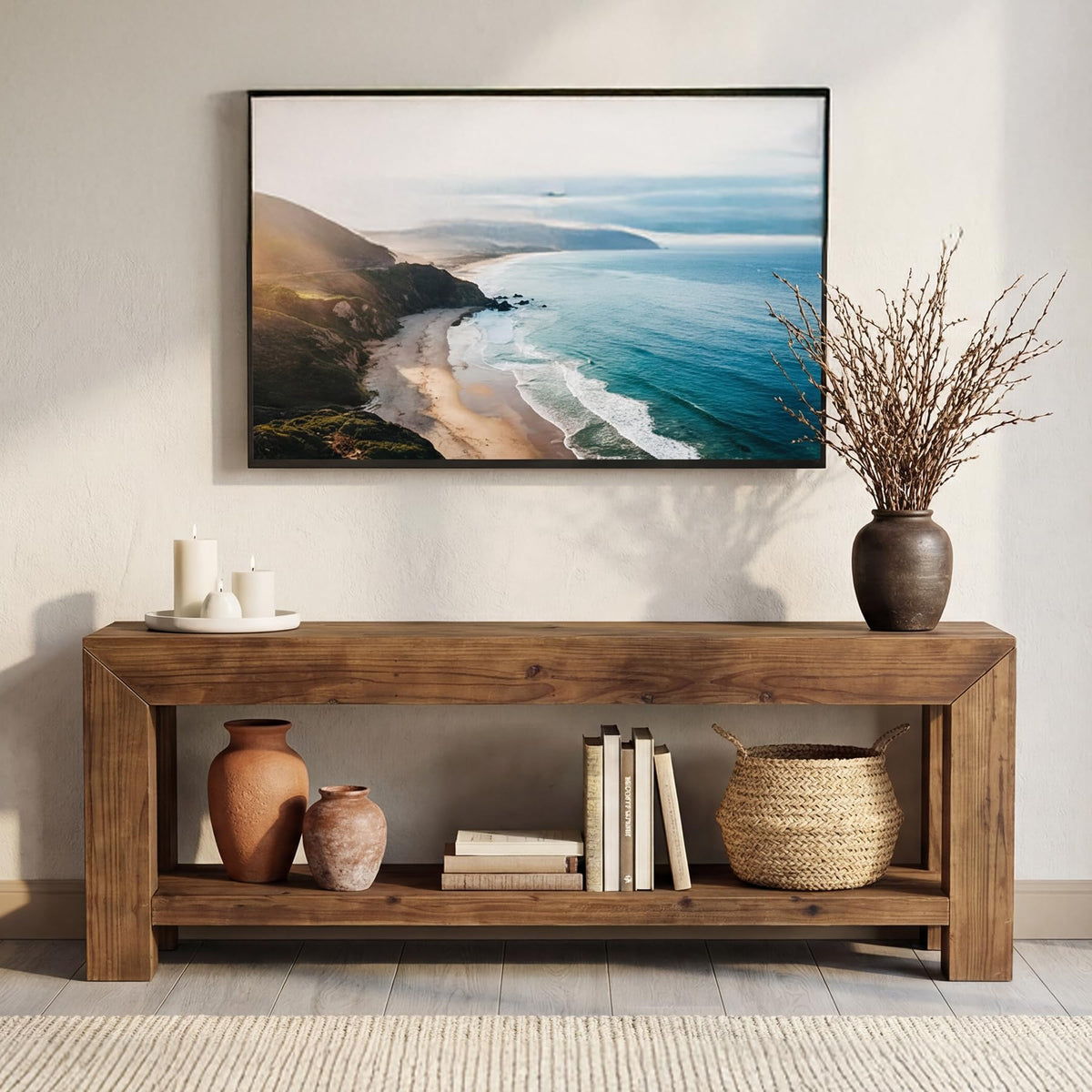 Solid Wood 63" TV Stand with Open Storage Shelves D297126