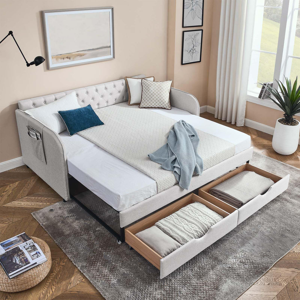 80.5" Button Tufted Linen Daybed with Drawer and Trundle A12614