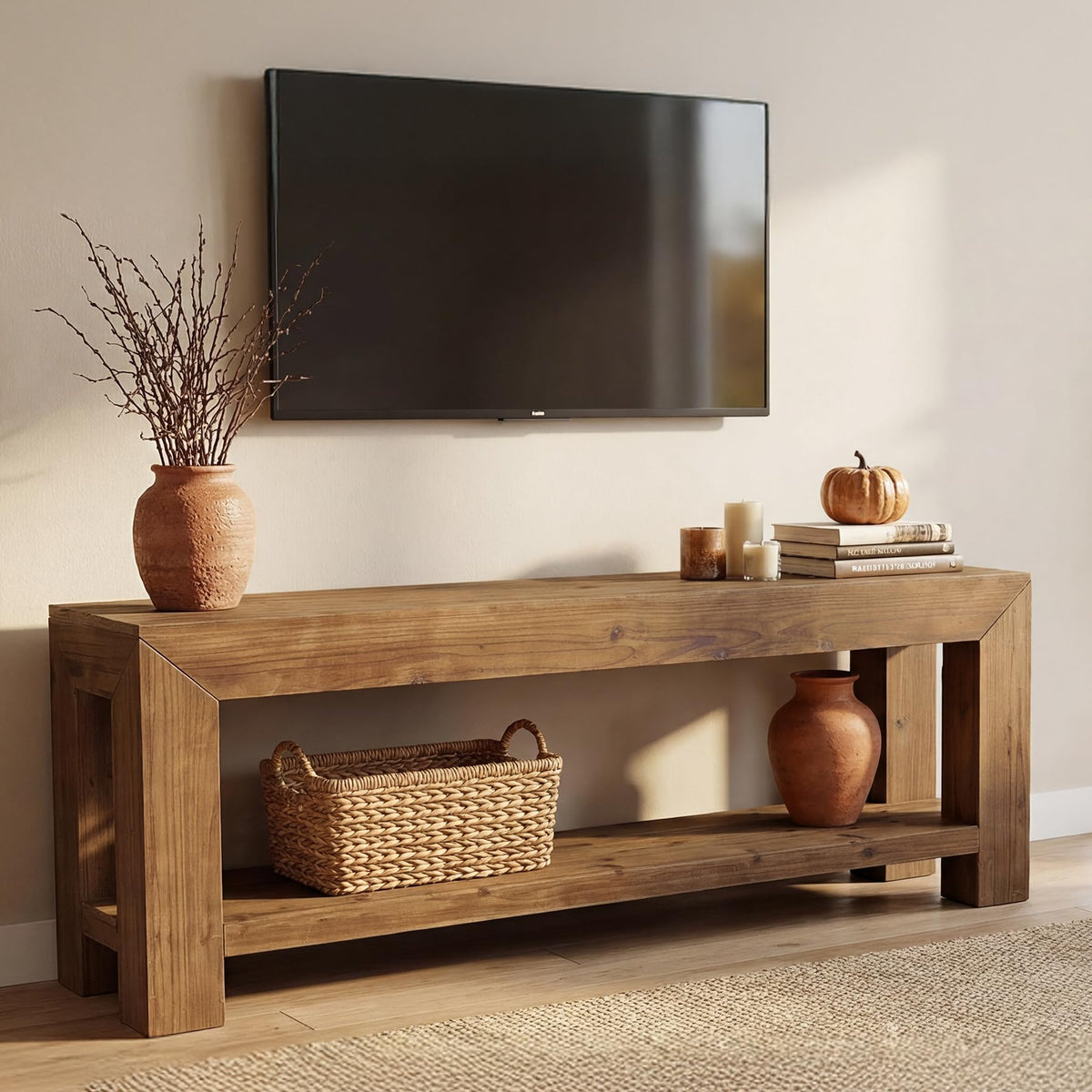 Solid Wood 63" TV Stand with Open Storage Shelves D297126