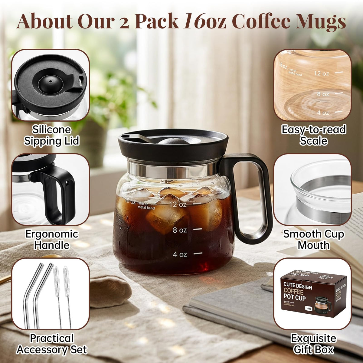 2 Pack 16oz Clear Glass Coffee Mug with Lid and Straw A200504