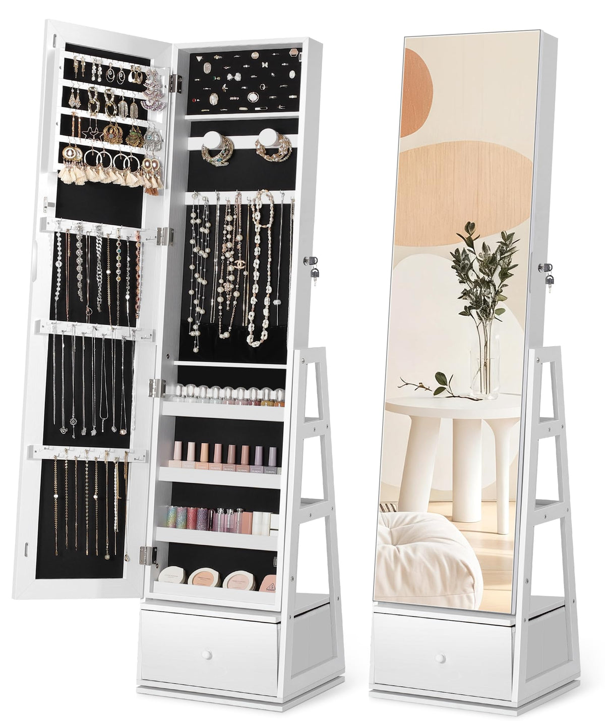 360° Swivel Lockable Jewelry Cabinet with Full Length Mirror J299752