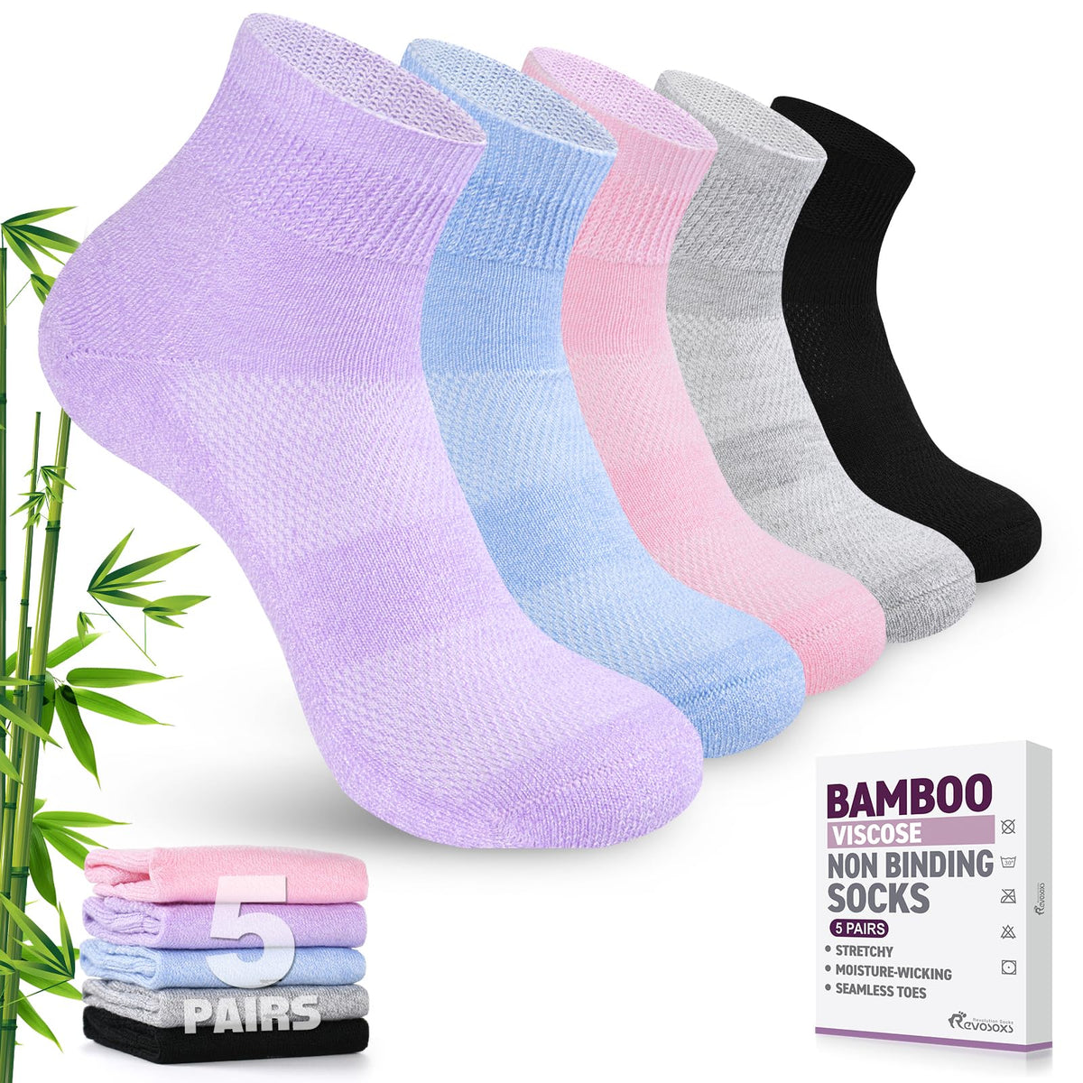 5 Pairs Non Binding Wide Stretchy Ankle Socks Z5778