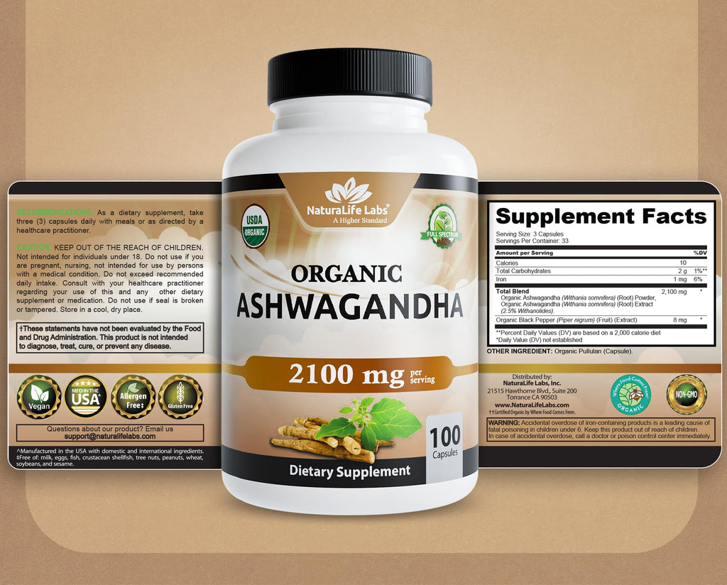 Organic Ashwagandha 2100 mg 100 Capsules Vegan Non-GMO Gluten-Free S9936